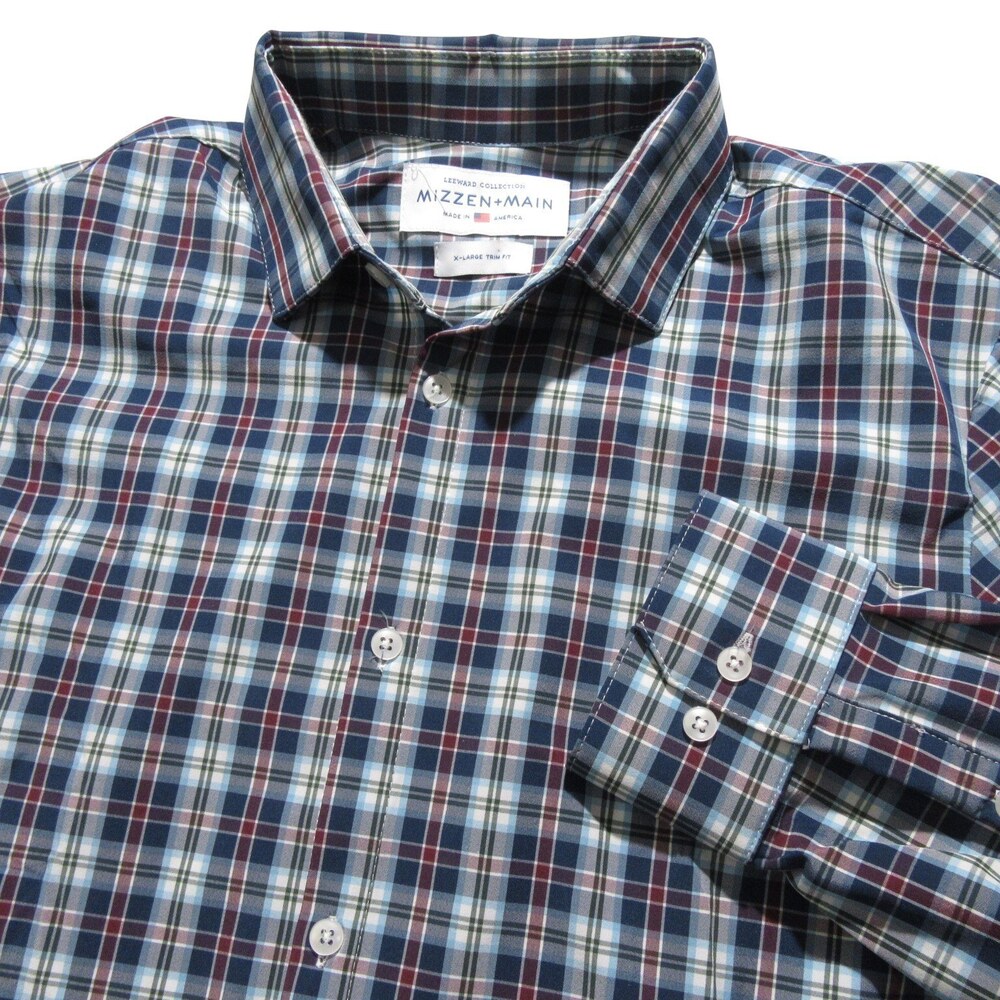 Mizzen + Main Mens Button Down Shirt XL Trim Fit Blue Plaid Stretch Polyester
